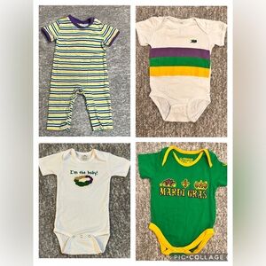 EUC 4 piece Mardi Gras baby bundle romper & onesies sizes 9-12 months
